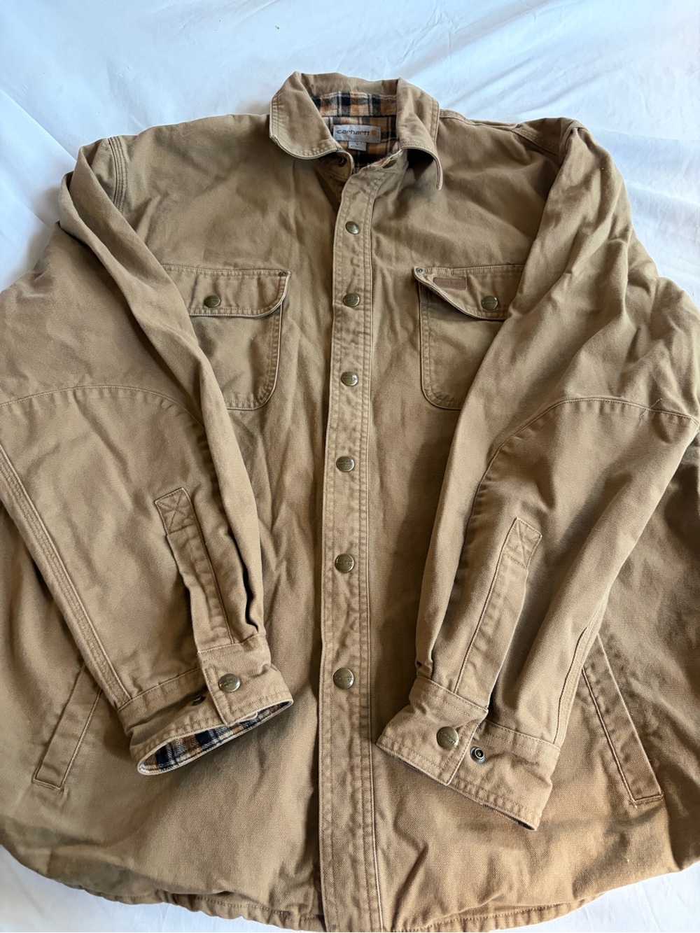 Carhartt Men’s Tan Canvas Flannel Lined Shirt Jacket Workwear Streetwear Size L